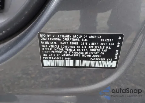 2012 Volkswagen Passat 2.5L Se из США, поврежденный, VIN 1VWBP7A35CC011985